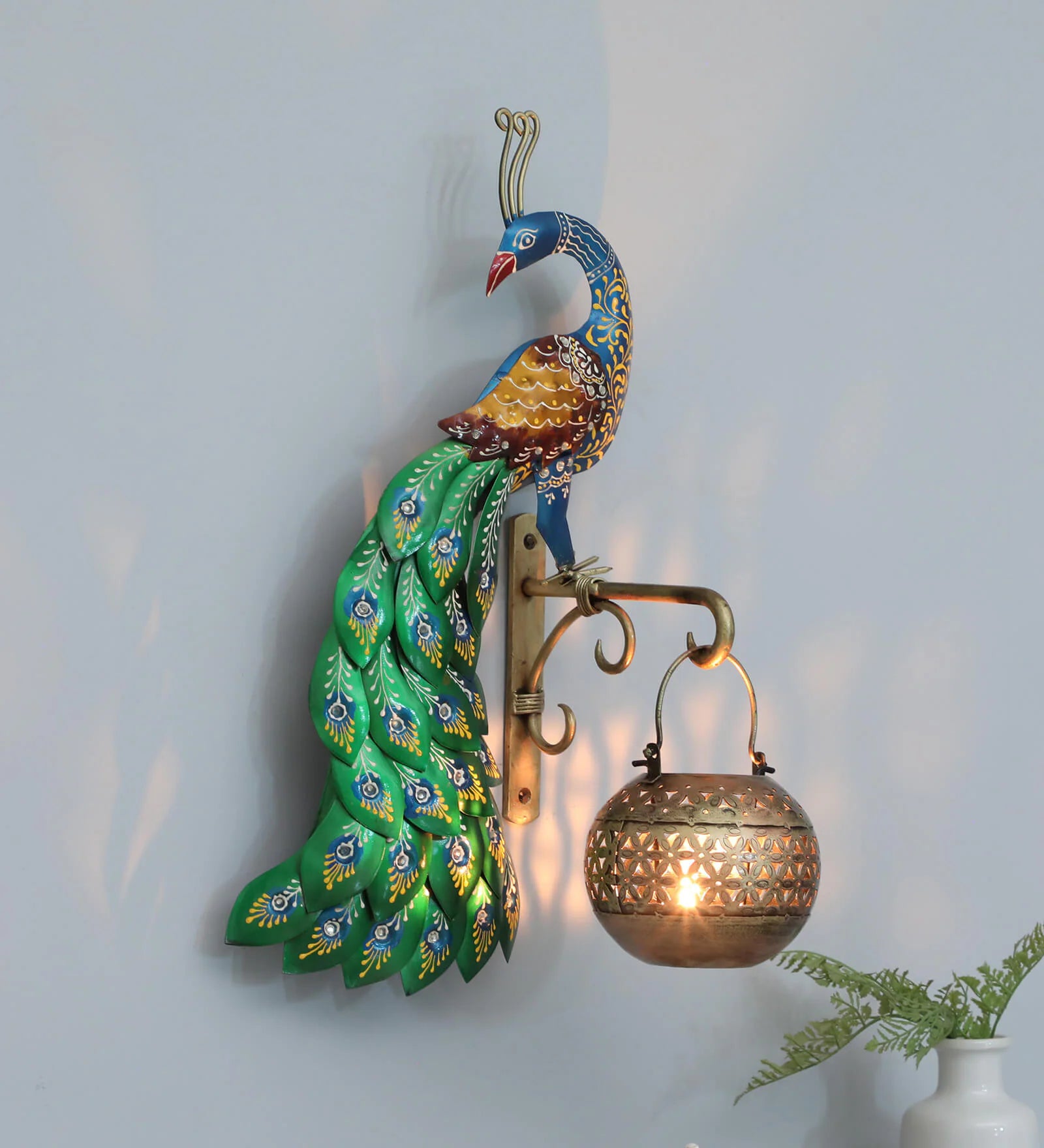 Decorative Peacock Multicolour Iron Wall Hanging Tea Light Holder
