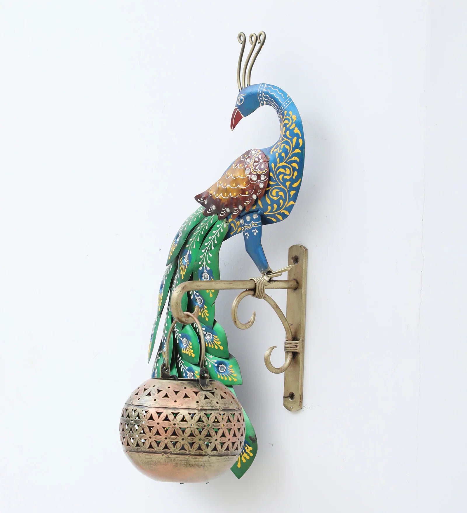 Decorative Peacock Multicolour Iron Wall Hanging Tea Light Holder