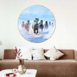 CH-RHS3 Seven Running Horses with Cool Sky Wall Painting with Frame Sparkle Glossy Round Golden Framed Large Painting Office, Living Room, Bedroom, Home Decoration SWASTIK CREATIONS The Trend Point