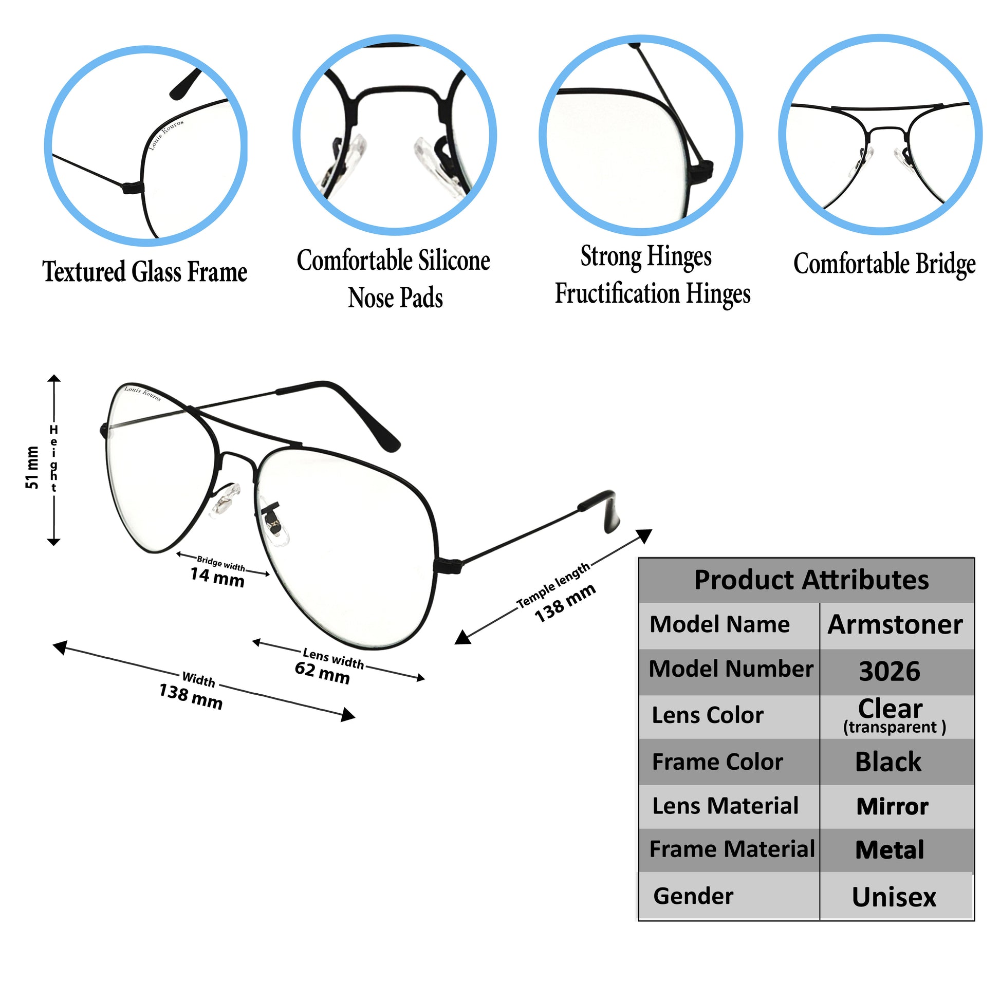 Clear(Transparent) Armstoner Aviator Sunglasses (SUN-LK-3026-CLR5BLK-M)