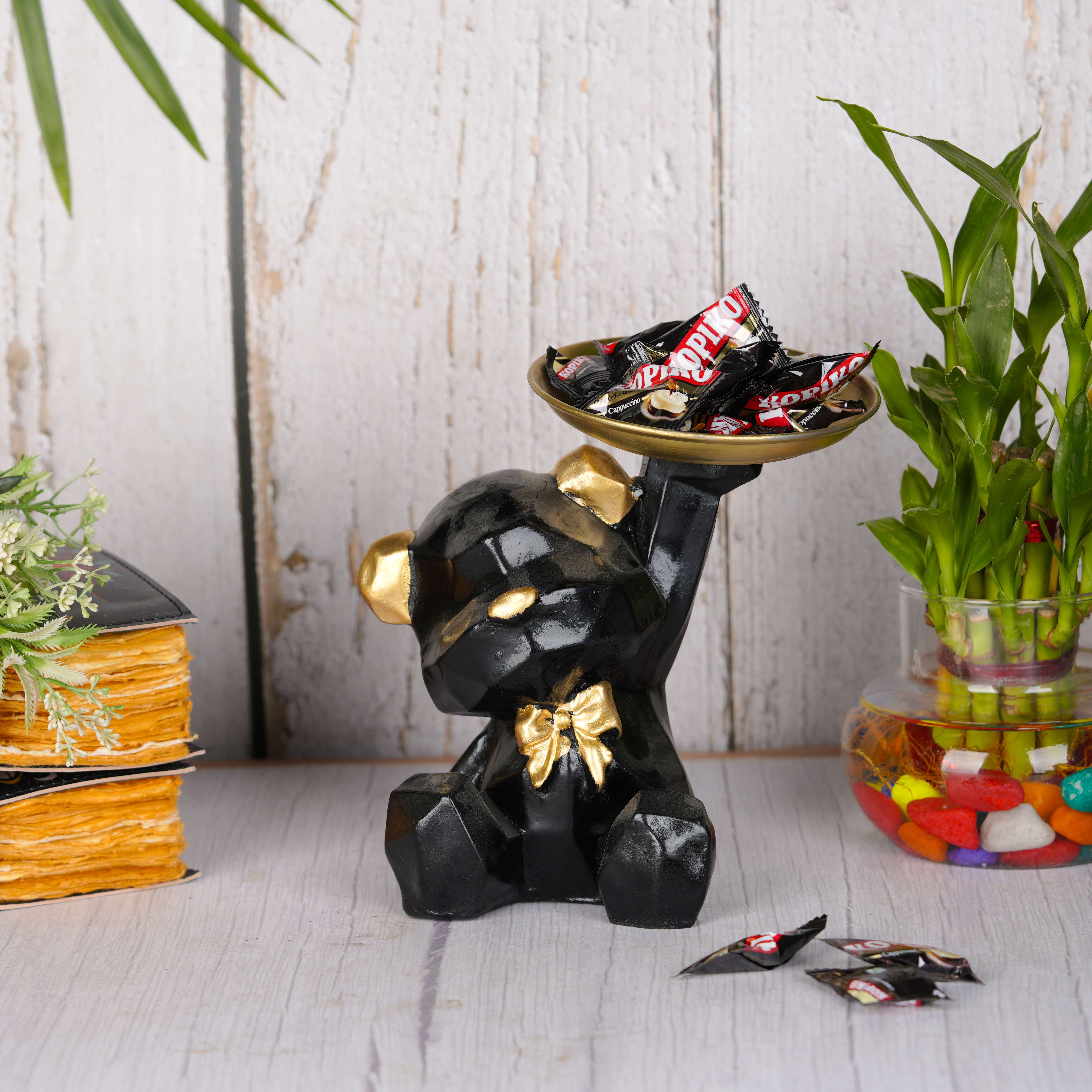 Swastik Creations Black Sitting Teddy Bear Statue Holding Tray Decorative Showpiece for Home Gifts Item (Black)