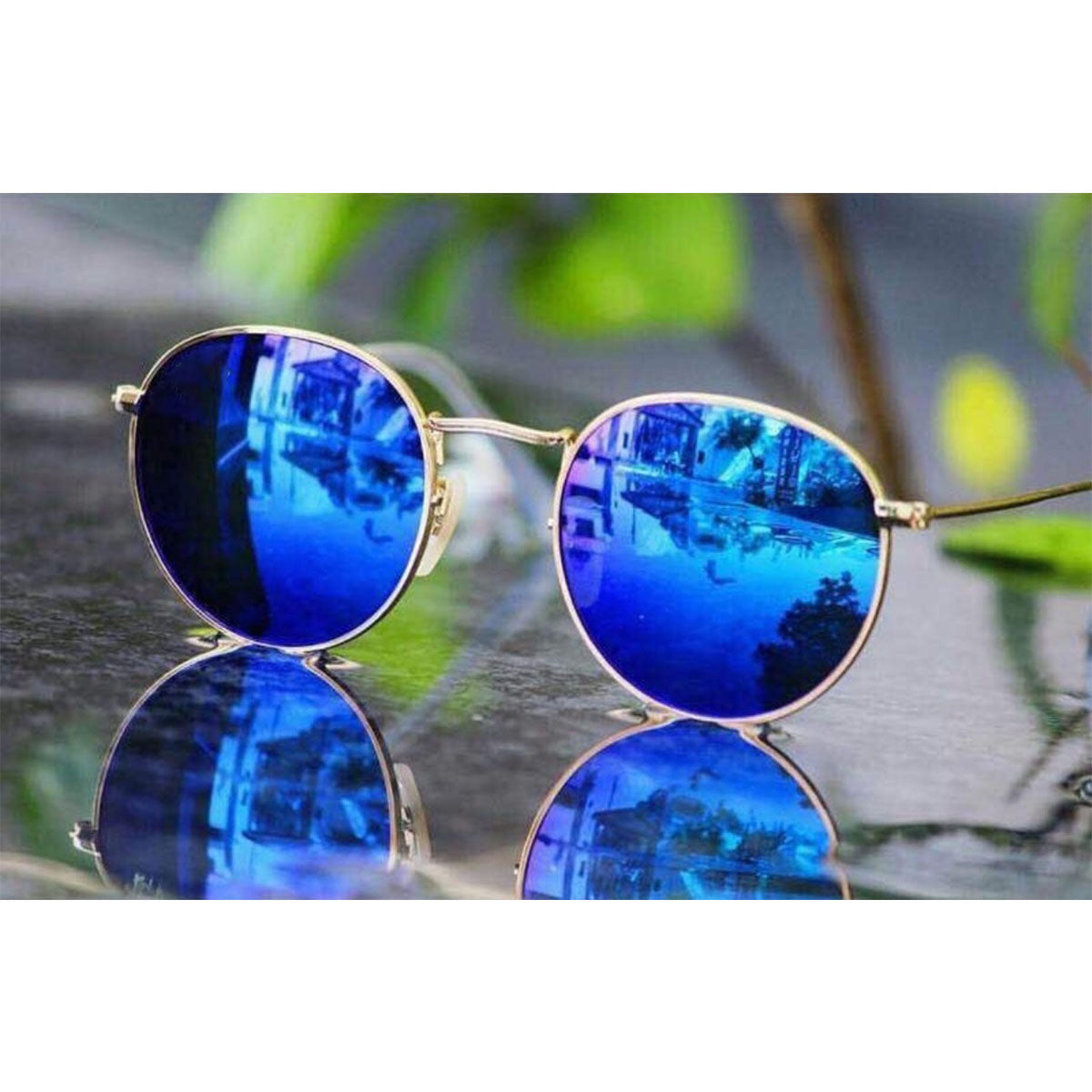 Blue Nubelight Round Sunglasses (SUN-RN-3447-BLU3GLD-M) SWASTIK CREATIONS The Trend Point