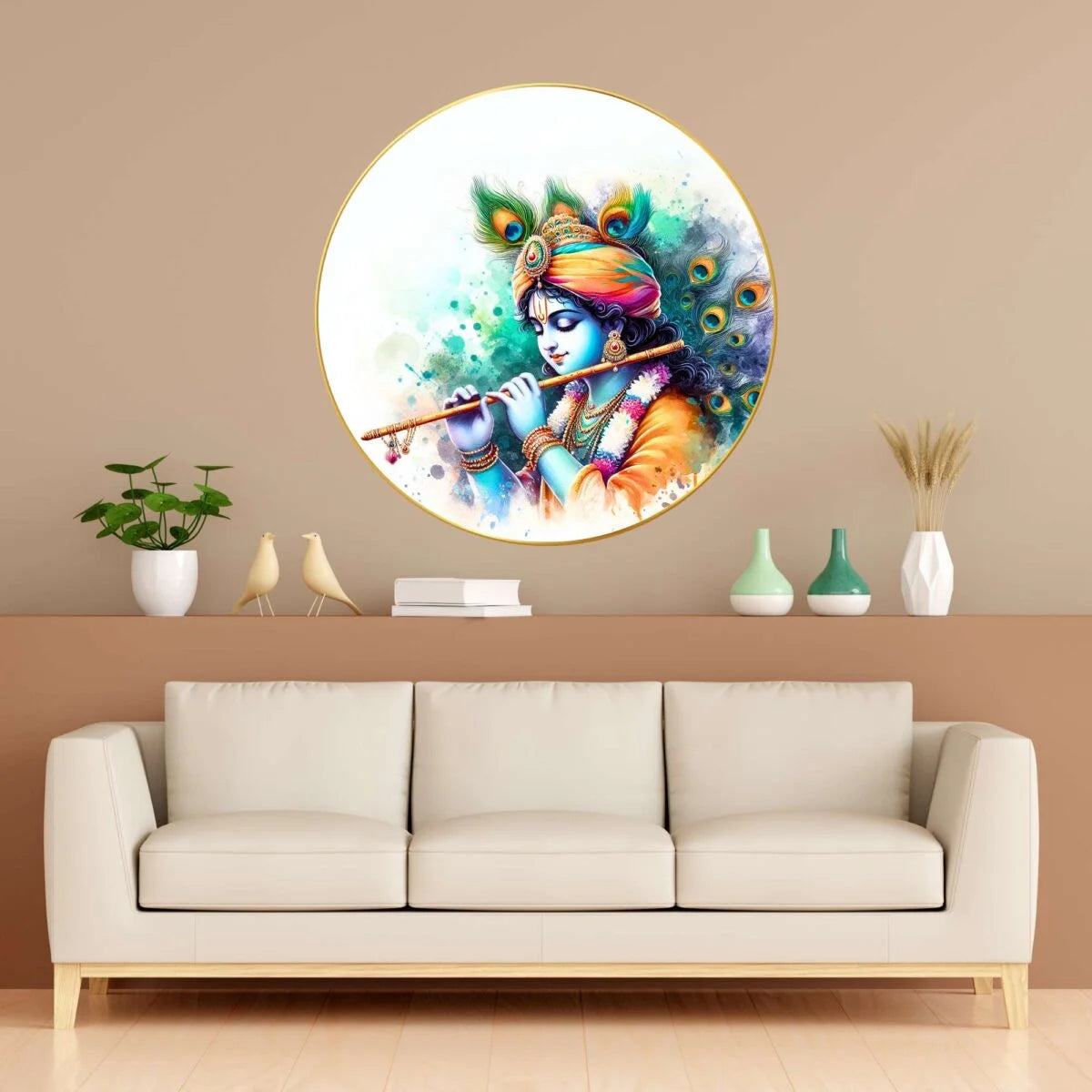 CH-RKR1 Krishna with Flute Wall Painting with Frame Sparkle Glossy Round Golden Framed Large Painting Office, Living Room, Bedroom, Home Decoration SWASTIK CREATIONS The Trend Point