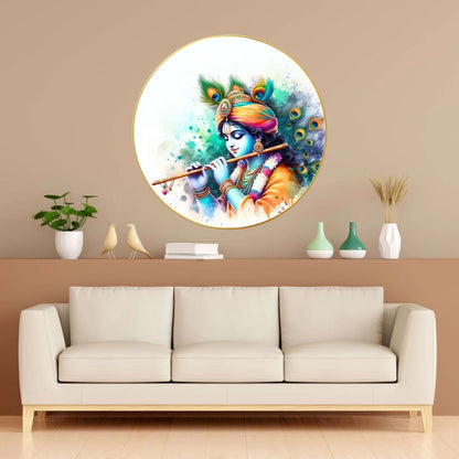 CH-RKR1 Krishna with Flute Wall Painting with Frame Sparkle Glossy Round Golden Framed Large Painting Office, Living Room, Bedroom, Home Decoration