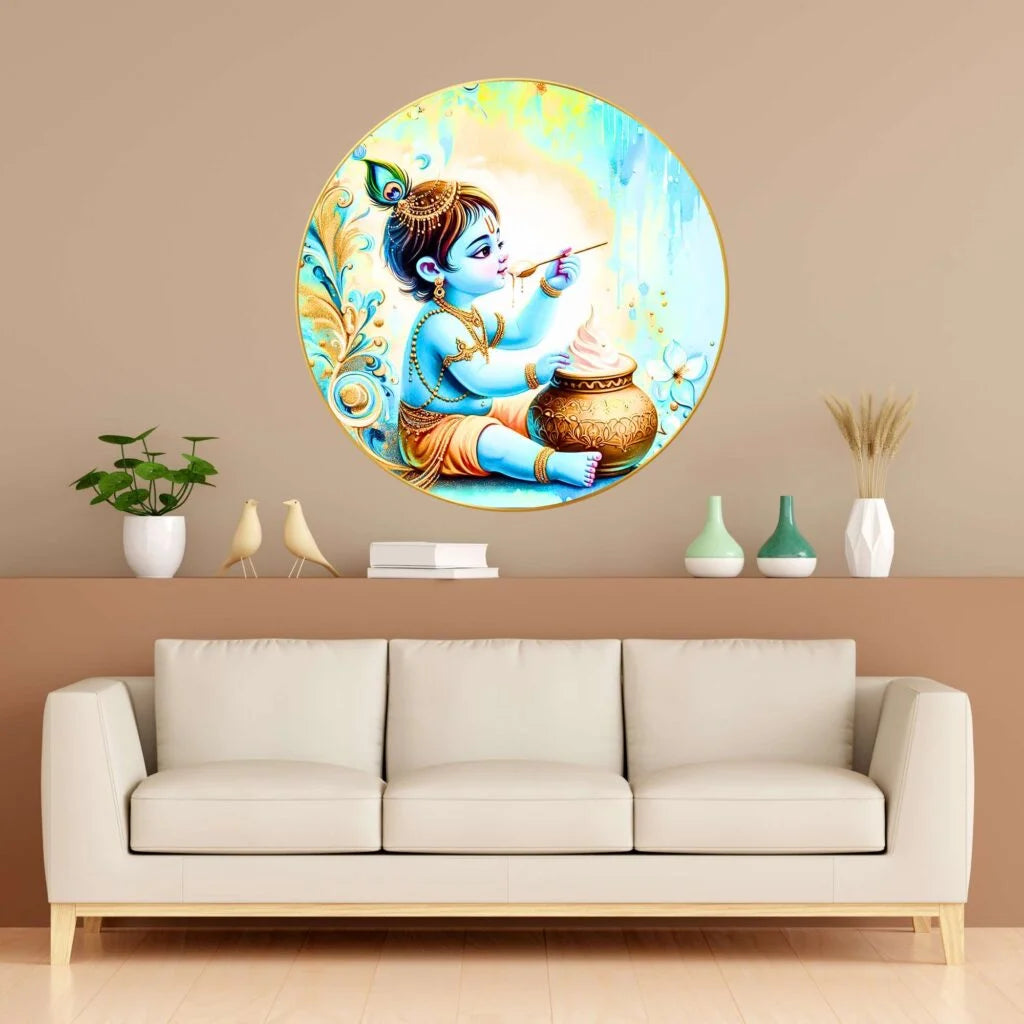 CH-RKR2 Divine Mischief: Baal Gopal (Krishna) and the Makhan Feast Wall Painting with Frame Sparkle Glossy Round Golden Framed Large Painting Office, Living Room, Bedroom, Home Decoration SWASTIK CREATIONS The Trend Point