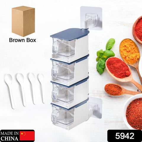 5942 4 Layer Creative Adhesive Wall Hanging Rotary Seasoning Box Condiment Storage Container Kitchen with Spoon Pepper Sugar Spice Jar Rack Food