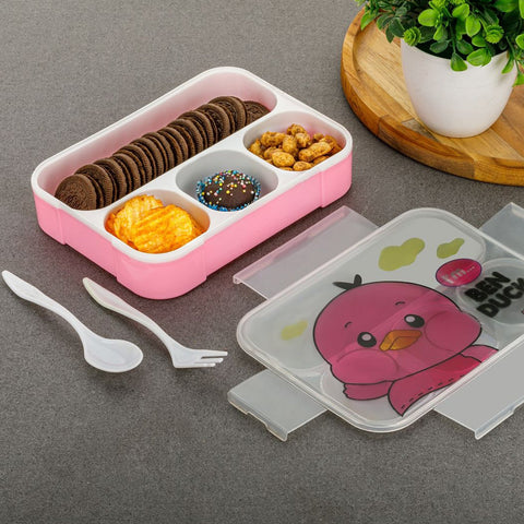 7018 Cartoon Design Print 4 Compartment Plastic Lunch Box Air Tight Lunch Box for Office, Bento Box, Leak-Proof, Microwave & Dishwasher Safe, Plastic Lunch Box for School Child, Tiffin Box for Adults with Fork & Spoon