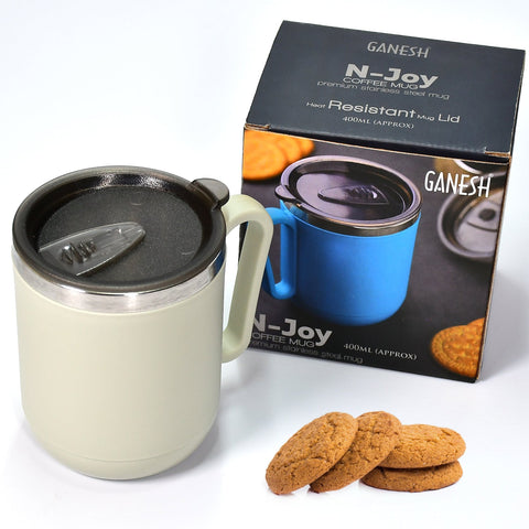 8137 Ganesh Premium Stainless Steel Coffee Mug with heat resistant mug lid. Approx 400Ml mug. 