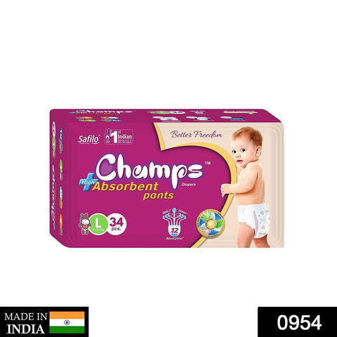 0954 Premium Champs High Absorbent Pant Style Diaper Large Size, 34 Pieces (954_Large_34) - SWASTIK CREATIONS The Trend Point