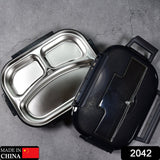 2042 Black Lunch Box for Kids and adults, Stainless Steel Lunch Box with 3 Compartments With spoon slot. - SWASTIK CREATIONS The Trend Point