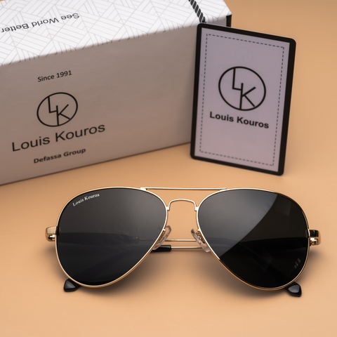 Louis Kouros-3517 Airomade Aviator Black-Gold Sunglasses For Men & Women~LK-3517