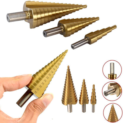 0437 -3X Large HSS Steel Step Cone Drill Titanium Bit Set Hole Cutter (4-32, 4-20, 4-12mm) - SWASTIK CREATIONS The Trend Point