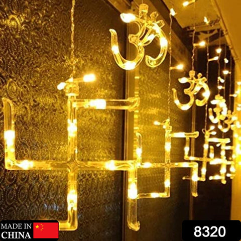 8320 Swastik om Curtain Decorative Lights, String Lights with 12 Hanging Props138 LED, Diwali Decoration Items for Home Decor, Night Light, Room Lights for Bedroom, Balcony Decor.