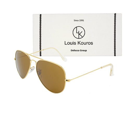 Louis Kouros-3026 Armstoner Aviator Brown-Gold Sunglasses For Men & Women~LK-3026