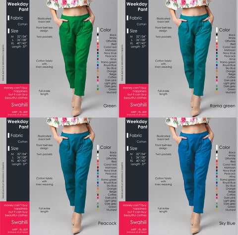 women's WEEKDAY Cotton PANT 20 colors - SWASTIK CREATIONS The Trend Point