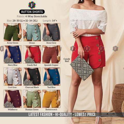 WOMEN'S BUTTON 4-Way Stretchable SHORTS - SWASTIK CREATIONS The Trend Point